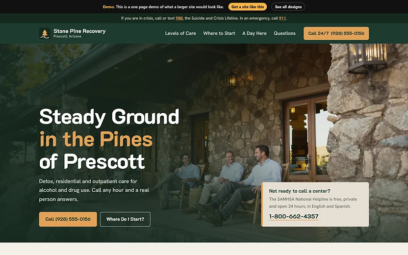 Addiction Treatment / Rehab website design, High Desert Stone style, desktop view
