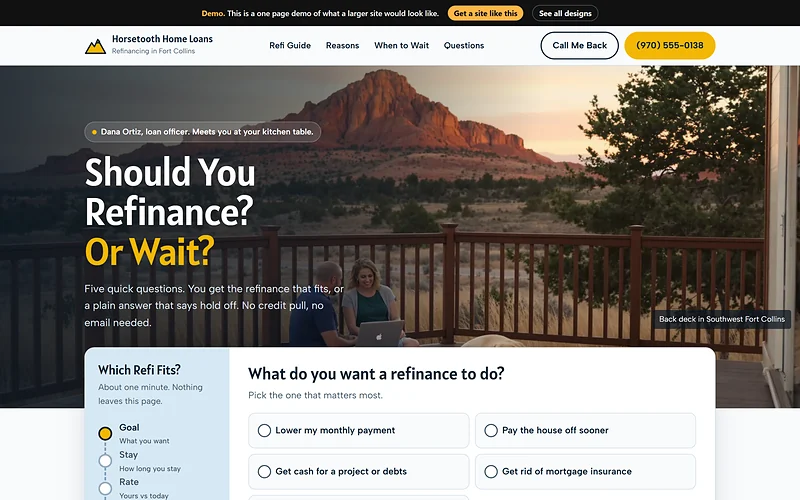 Mortgage Refinance website design, Trailhead Guide style, desktop view