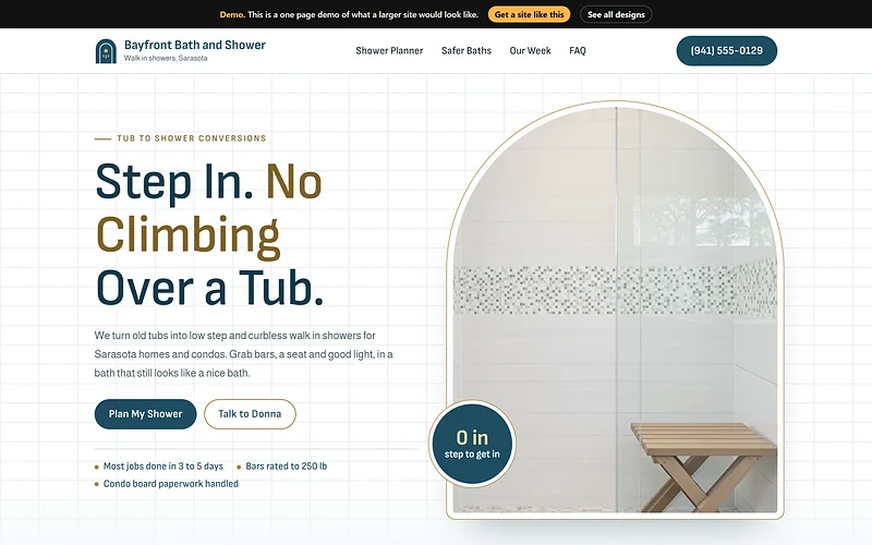 Bathroom Remodeling website design, Spa Tile and Brass style, desktop view