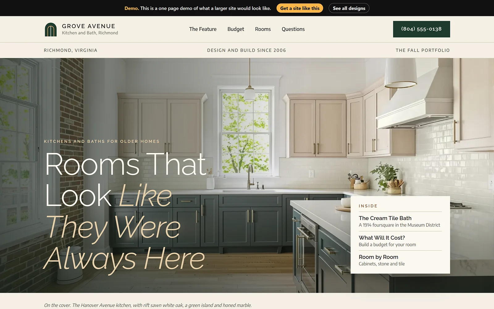 Kitchen Remodeling website design, White Oak Editorial style, desktop view
