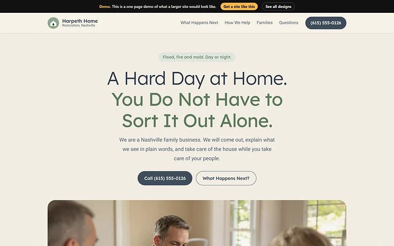 Restoration website design, Calm and Human style, desktop view