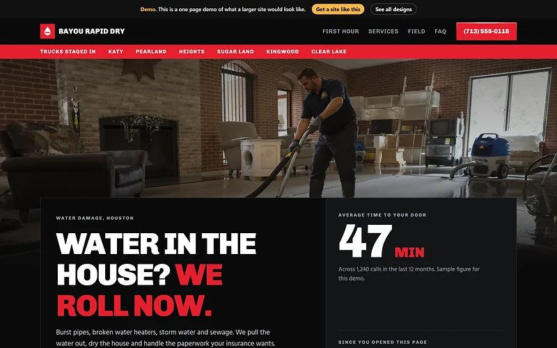 Water Damage Restoration website design, Command Center style, desktop view