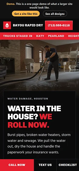 Water Damage Restoration website design on a phone