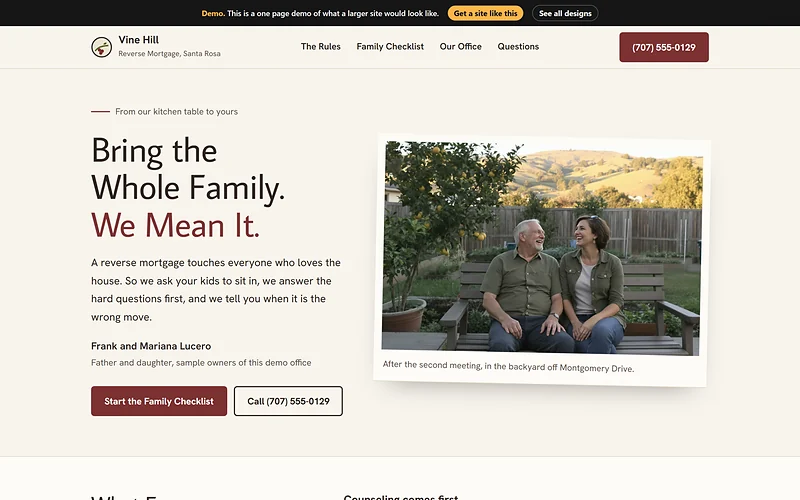 Reverse Mortgage website design, Kitchen Table Letter style, desktop view