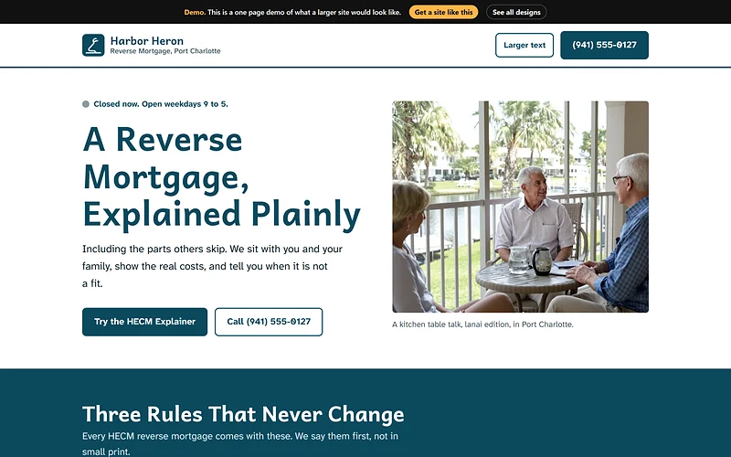 Reverse Mortgage website design, Plain Truth Large Print style, desktop view