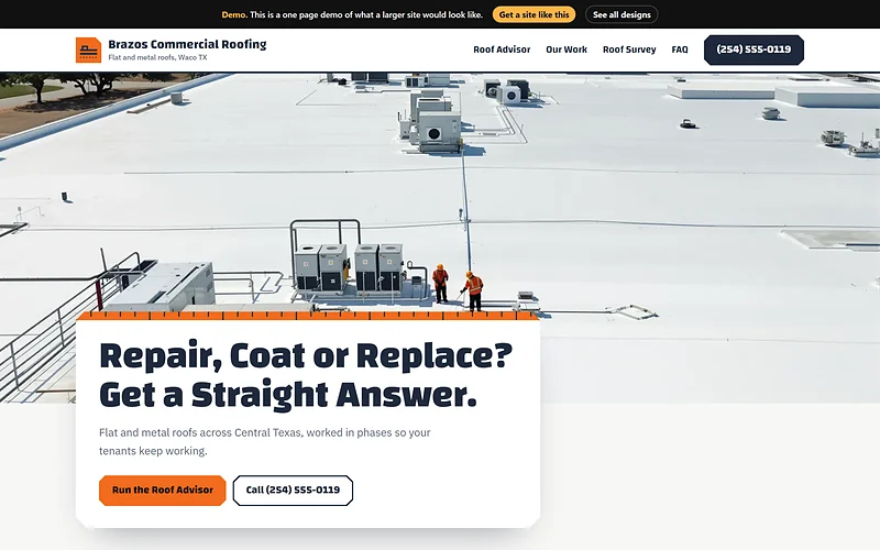 Commercial Roofing website design, Flat Roof Survey style, desktop view