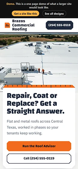 Commercial Roofing website design on a phone
