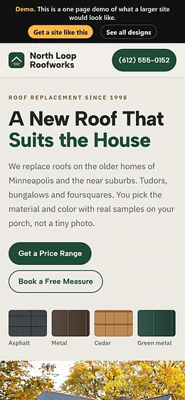 Roofing website design on a phone