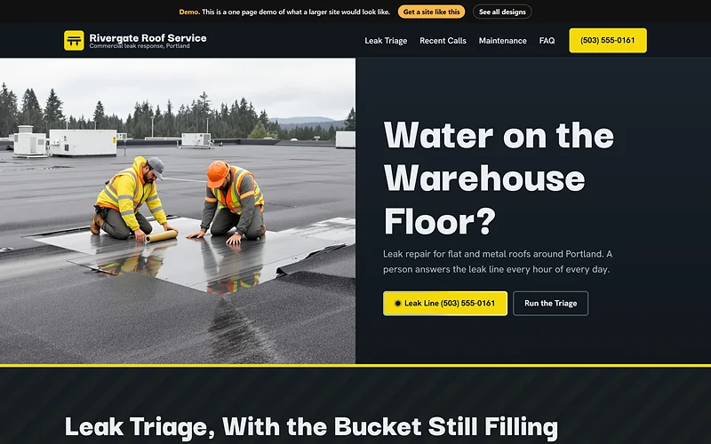 Commercial Roofing website design, Rain Shift style, desktop view