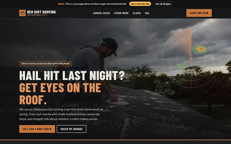 Roofing website design, Storm Radar style, desktop view