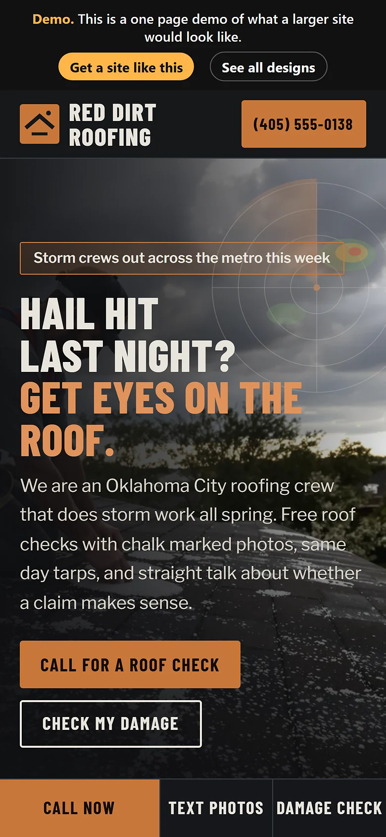 Roofing website design on a phone