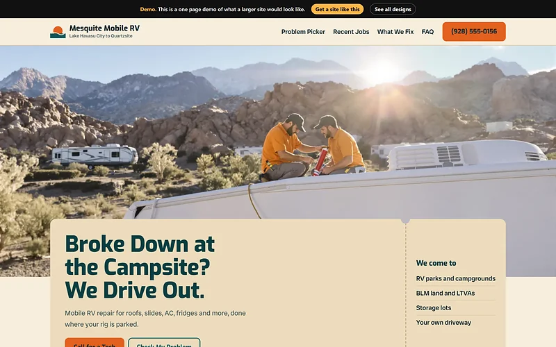 RV Repair (Mobile) website design, Desert Service Road style, desktop view