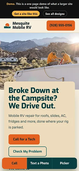RV Repair (Mobile) website design on a phone
