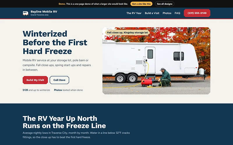 RV Repair (Mobile) website design, Freeze Line Utility style, desktop view