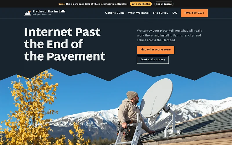 Satellite Internet and TV website design, Big Sky Ridge style, desktop view