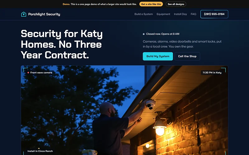 Home Security & Alarms website design, Night Signal style, desktop view