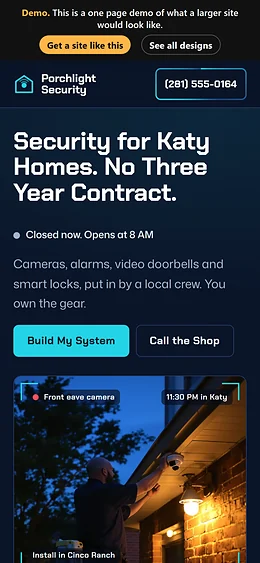 Home Security & Alarms website design on a phone