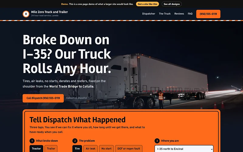 Mobile Semi Truck Repair website design, Reflective Night style, desktop view