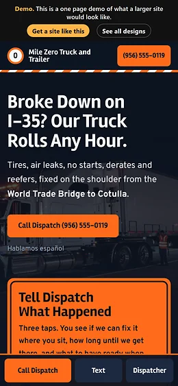 Mobile Semi Truck Repair website design on a phone