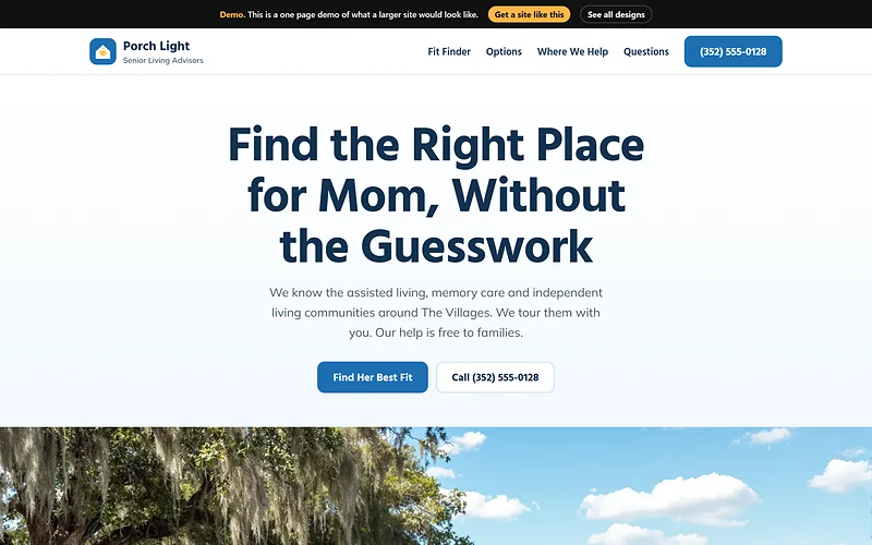 Senior Living Placement website design, Open Sky Guide style, desktop view