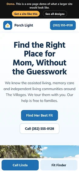 Senior Living Placement website design on a phone