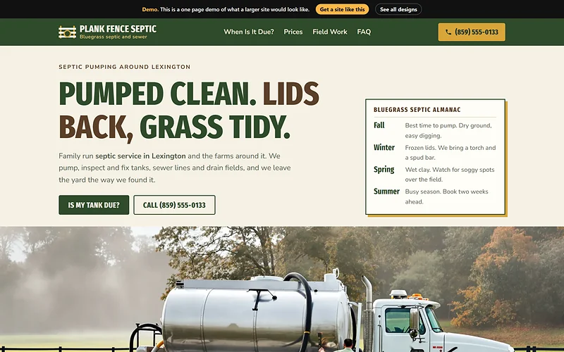 Septic Service website design, Bluegrass Field Almanac style, desktop view