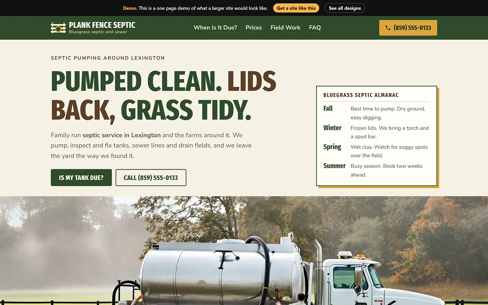 Septic Service website design, Bluegrass Field Almanac style, desktop view