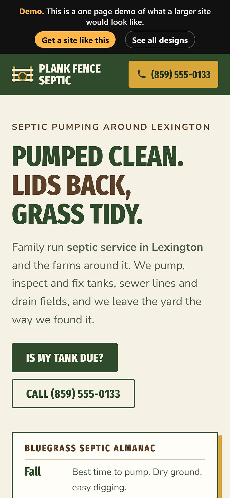 Septic Service website design on a phone