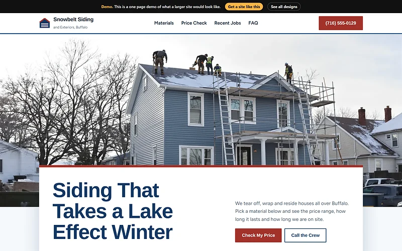 Siding website design, Snowbelt Lap Board style, desktop view