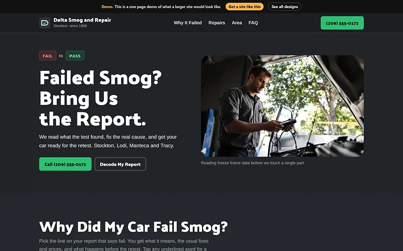 Smog Repair website design, Retest Report style, desktop view