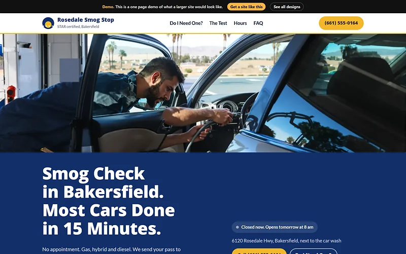 Smog Check website design, Valley Sun Lane style, desktop view