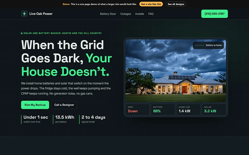 Solar and Battery Backup website design, Grid Dashboard style, desktop view