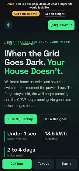Solar and Battery Backup website design on a phone