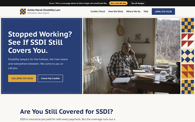 SSDI / Social Security Disability website design, Mountain Quilt Blocks style, desktop view