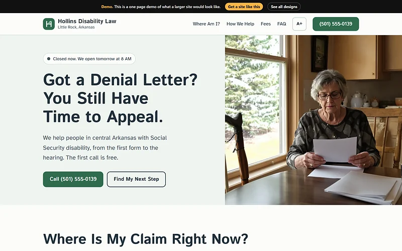 SSDI / Social Security Disability website design, Large Print Calm style, desktop view