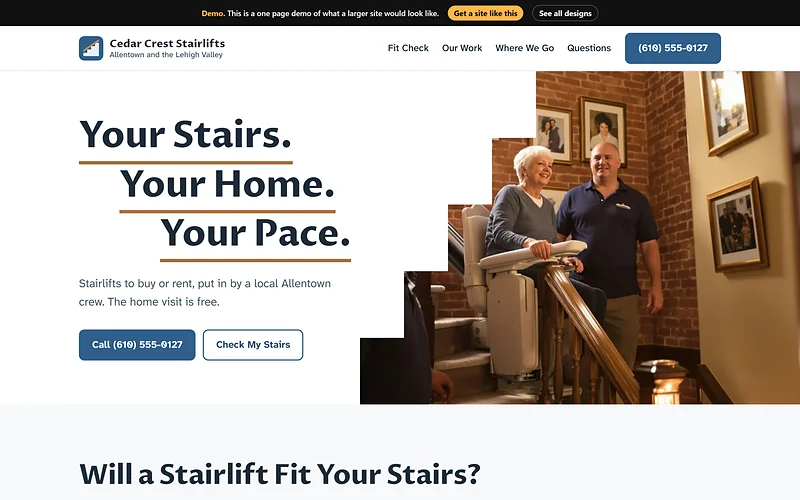 Stairlifts website design, Oak Landing style, desktop view