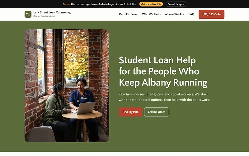 Student Loan Relief website design, Rowhouse Olive and Brick style, desktop view