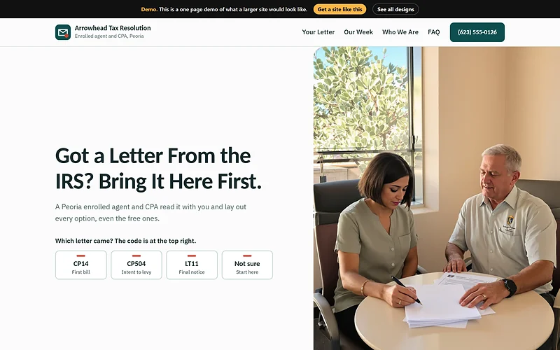 Tax Debt Relief website design, Desert Letter Desk style, desktop view