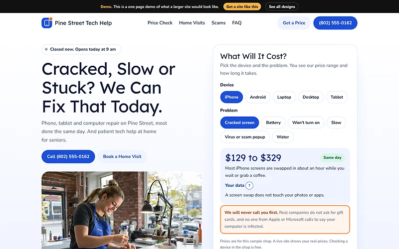 Computer and Phone Repair website design, Cobalt Bench style, desktop view