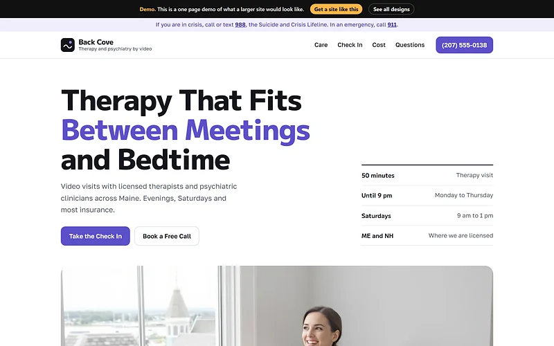 Mental Health / Therapy website design, Clean Check In style, desktop view