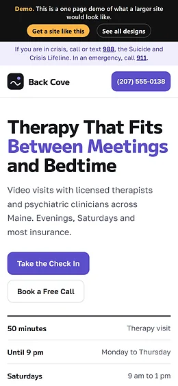 Mental Health / Therapy website design on a phone