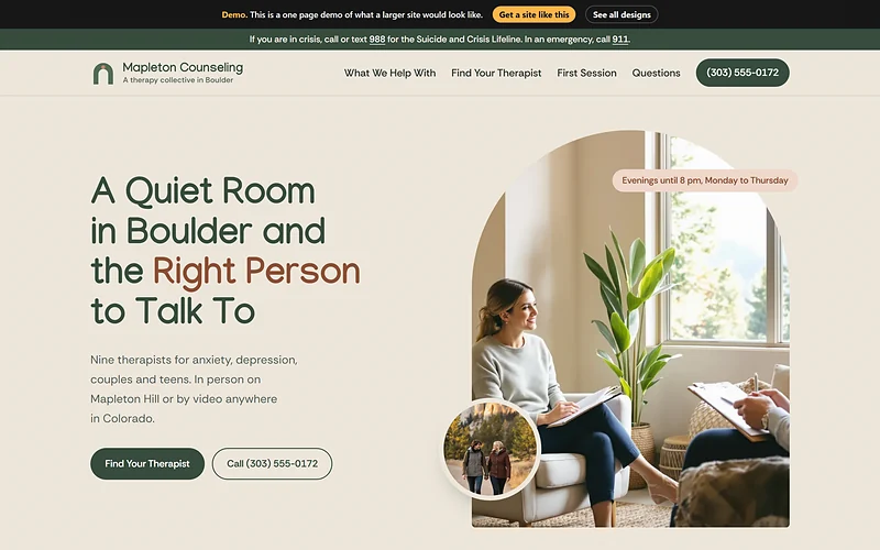 Mental Health / Therapy website design, Soft Arch Studio style, desktop view