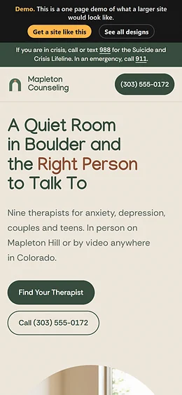 Mental Health / Therapy website design on a phone