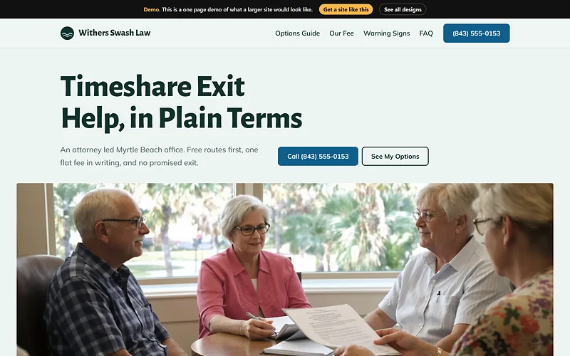 Timeshare Exit website design, Plain Terms style, desktop view