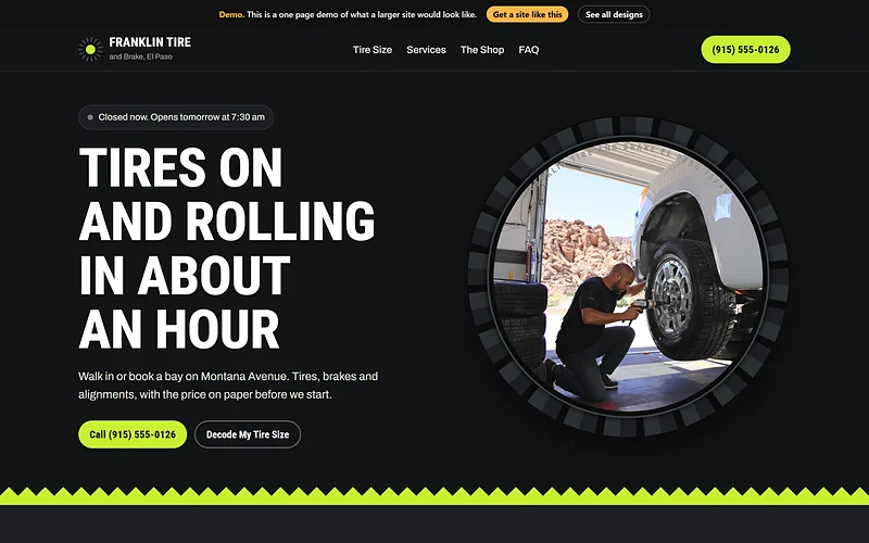 Tires website design, Tread and Lime style, desktop view