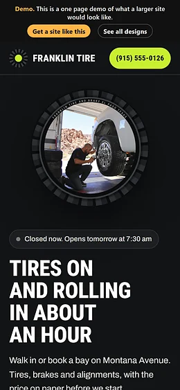 Tires website design on a phone