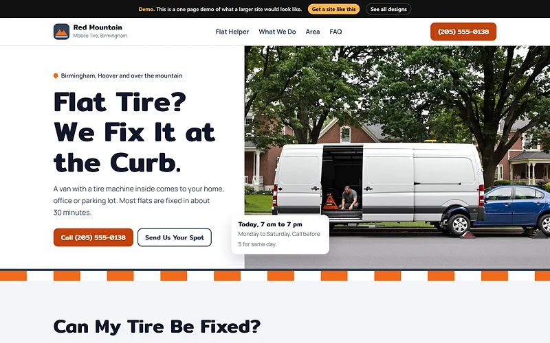 Mobile Tire Service website design, Curbside Clean style, desktop view