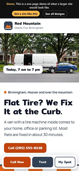 Mobile Tire Service website design on a phone