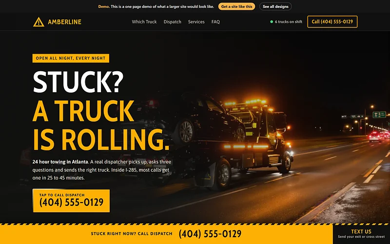 Towing website design, Hazard Dispatch style, desktop view