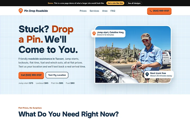 Roadside Assistance website design, Map Pin Sunny style, desktop view